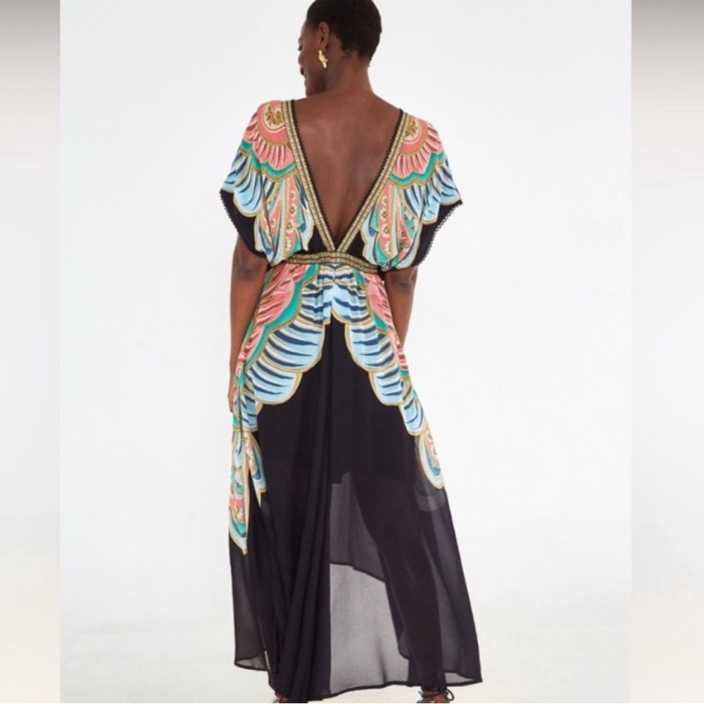 Farm Rio Boho Maxi Dress XS Colorful Print Deep V Empire Waist Flowy Festival - Picture 8 of 8